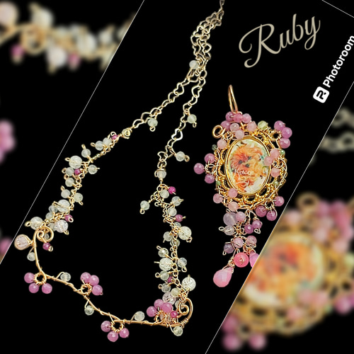 14kgf AAAうちの子 写真ネームオーダー ルビー　ピンクオパールネックレス 14kgf AAA【写真ネームオーダー ルビー ピンクオパールネックレス