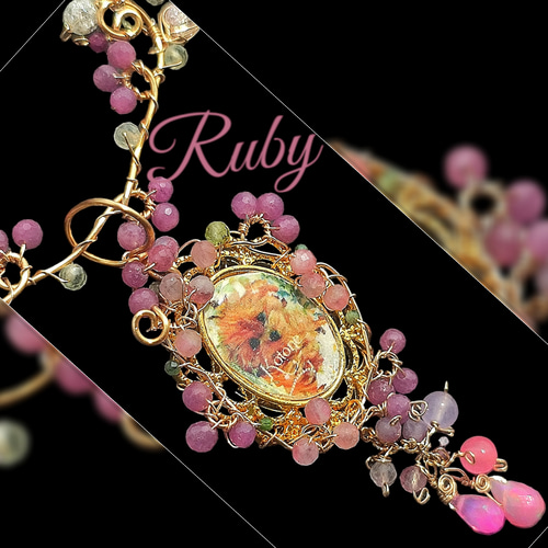 14kgf 　 AAA【写真 ネームオーダー ルビー　ピンクオパールネックレス】 14kgf AAA【写真ネームオーダー ルビー ピンクオパール