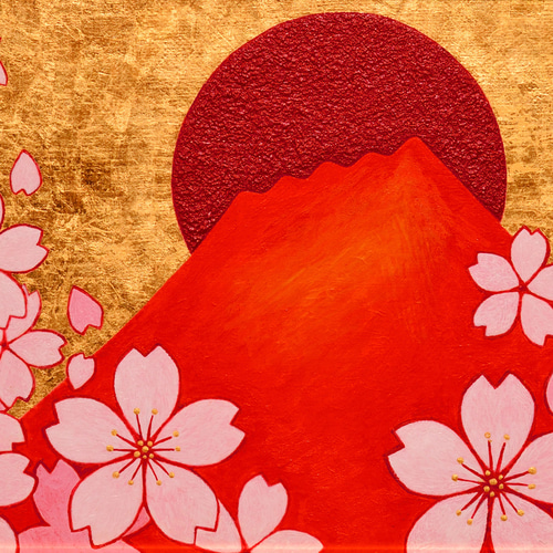 早割ex ◎『桜と赤富士』○がんどうあつし和洋画○純金箔Liquitex日本画 置物