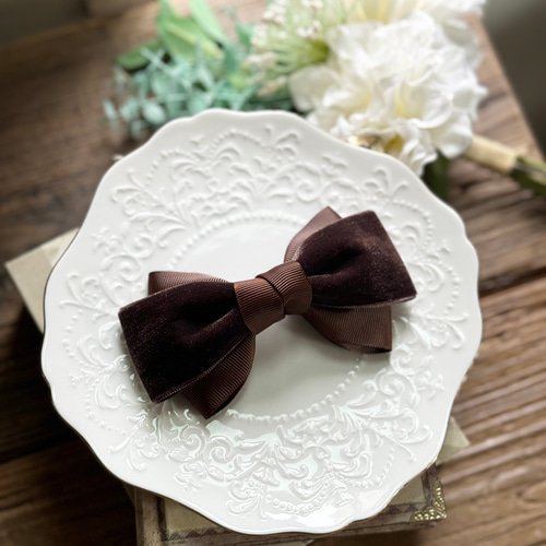 ブラウン ベロア×グログラン リボン ヘアアクセサリー