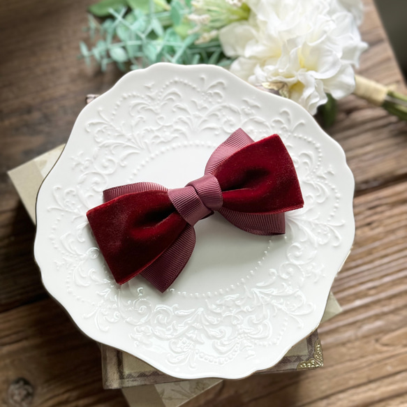 赤×バーガンディ ベロア×グログラン リボン ヘアアクセサリー