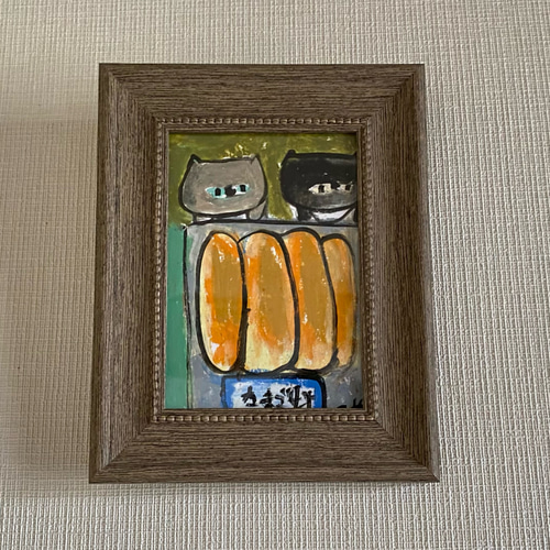 絵画。原画☆キャンバスF6【黒猫は白猫とデートして美味しいケーキを食べます】 Suicat／原画 キャンバス 絵 絵画 アート イラスト 猫 黒猫