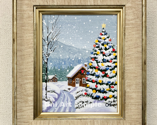 ホワイトクリスマス06」アクリル画 原画 額縁付 キャンバス F0サイズ