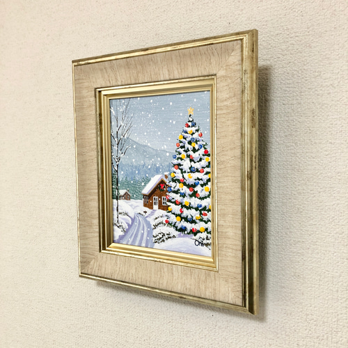 ホワイトクリスマス06」アクリル画 原画 額縁付 キャンバス F0サイズ
