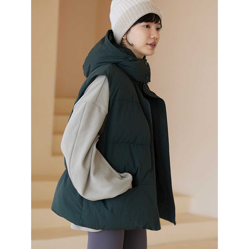 中綿ベスト　フード取り外し可能暖かいベスト　ダークグリーン　S-XL #607