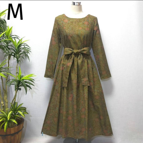 着物リメイクワンピース2WAY 花柄ロングギャザーリボン付き正絹紬