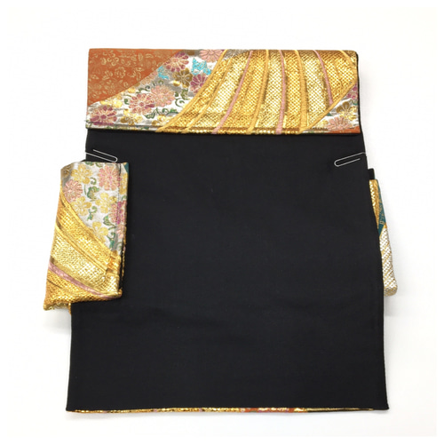 美品 正絹 袋帯 黒地にゴールド 華 二部式 二重太鼓 作り帯 和装