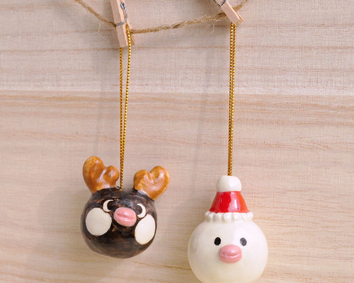 陶器]サンタ&トナカイ文鳥のオーナメントセット[クリスマス 白文鳥 桜