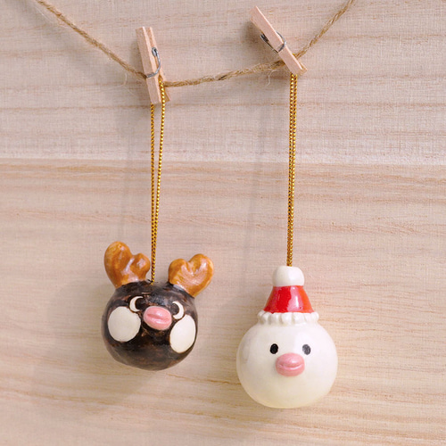 陶器]サンタ&トナカイ文鳥のオーナメントセット[クリスマス 白文鳥 桜