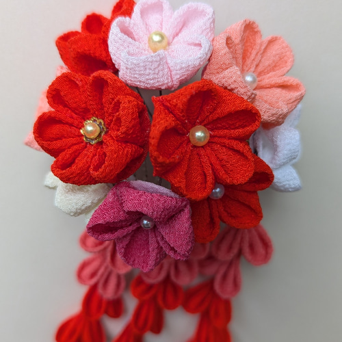 受注制作】赤小花☆舞妓さん風コーム髪飾り 七五三・桃の節句