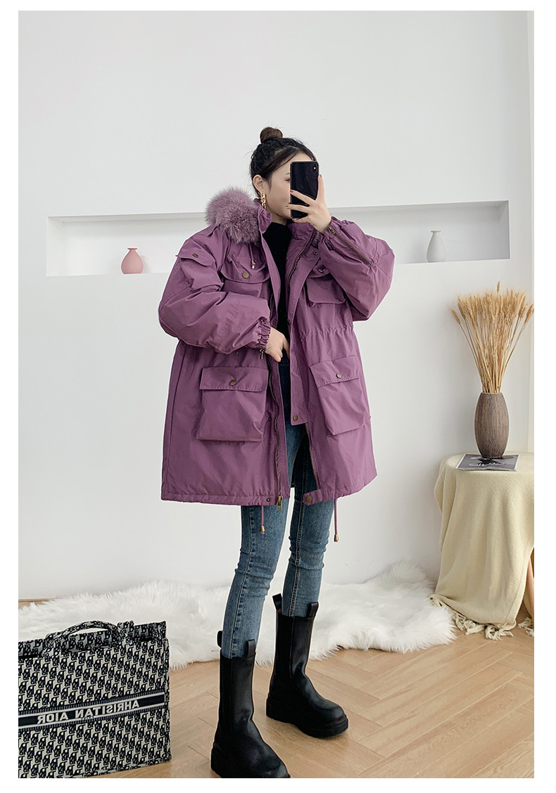 ダウンジャケット女性2024冬新作ゆったり大毛襟パーカーウエストを収めた痩せ見えポケット冬コート