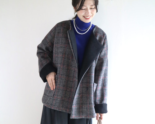 冬新作【黒×チェック柄】ウール配色ノーカラーコート コート mako&roko