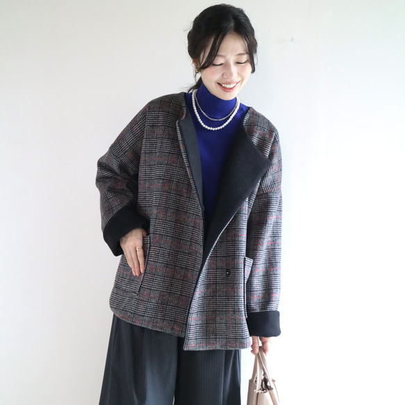 冬新作【黒×チェック柄】ウール配色ノーカラーコート コート mako&roko