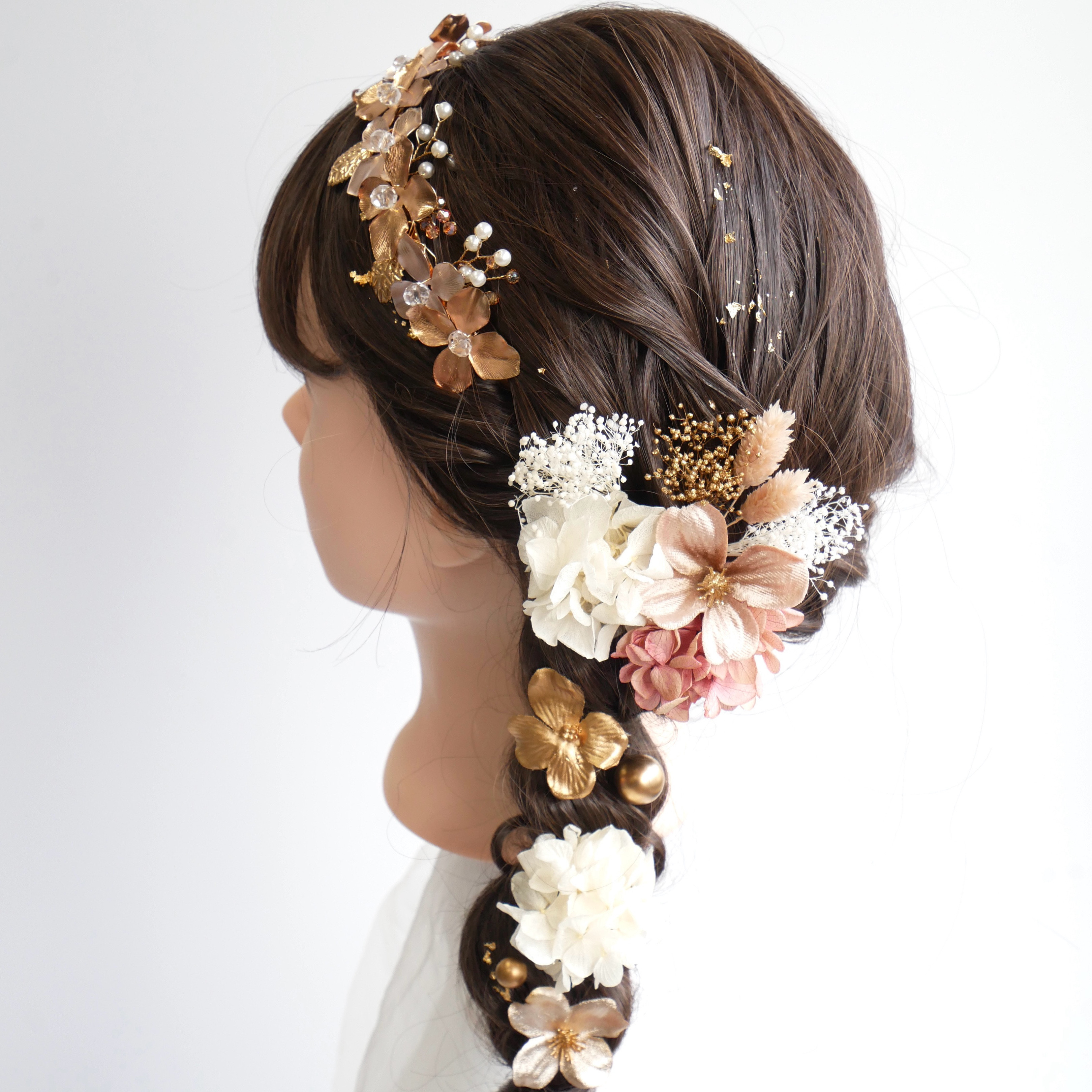 A108 ピンクゴールドカチューシャ　髪飾り成人式卒業式　袴　振袖　結婚式　ドライフラワー