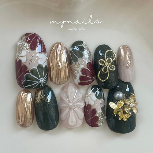 ネイルチップ サイズオーダー 袴 卒業式 花 和装 結婚式 手描き 振袖 成人式 サイズオーダー】 ネイルチップ 成人式 結婚式 振袖 袴 赤 バタフライ