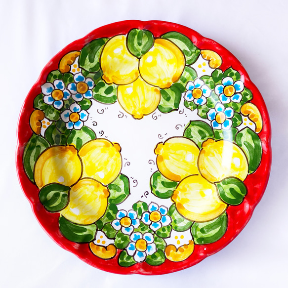 絵皿 26cm マヨリカ焼き イタリア陶器 レモン柄 レッド GEO055
