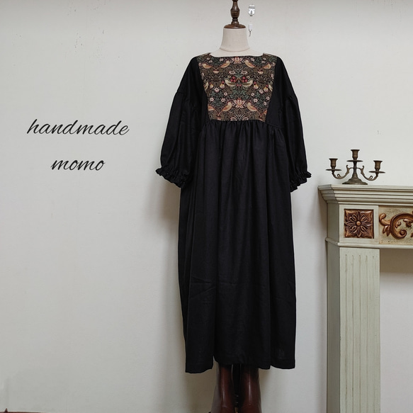 黒リネン×ウィリアムモリスいちご泥棒ギャザーワンピースfree  