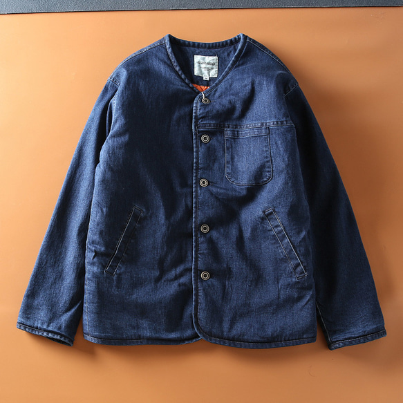 秋冬の新作日系レトロカーキメンズノーカラージャケット綿厚手