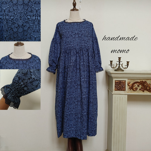 ウィリアムモリス レースのギャザーワンピース八分袖free青 ワンピース  
