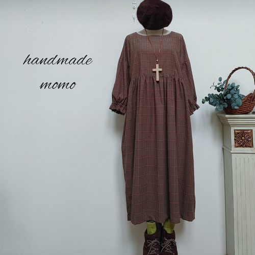 handmade ウィリアムモリス×リネン ワンピース 八分袖フリーサイズ