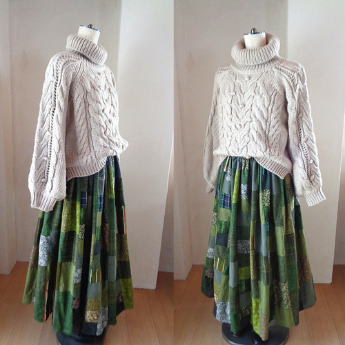 1点もの 絵画なパッチワーク♥Khaki＆moss green♥マキシ丈♥超 