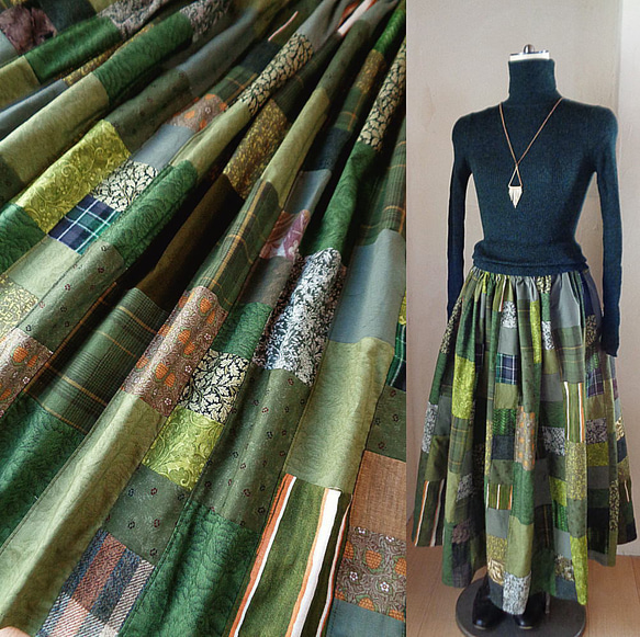 1点もの 絵画なパッチワーク♥Khaki＆moss green♥マキシ丈♥超 