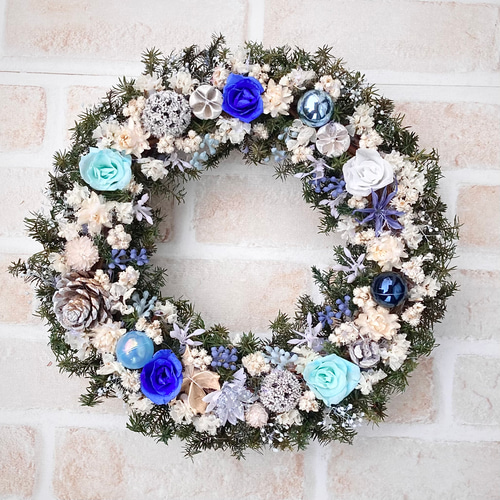 冬の青いリース 早割クリスマスリース2024☆ホワイトブルーのシックなクリスマスリース