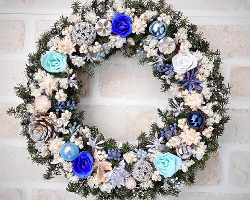 早割クリスマスリース2024☆ホワイトブルーのシックなクリスマスリース