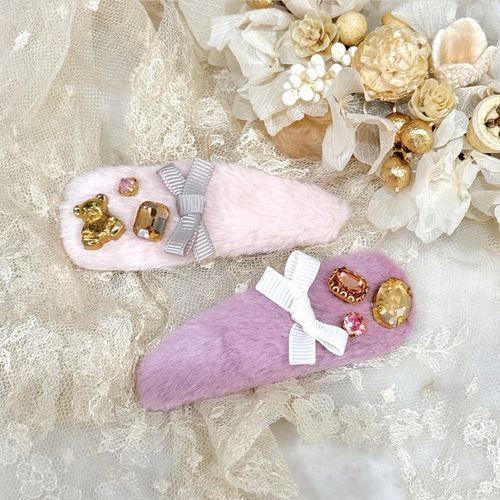 ゆめかわ くまちゃんキラキラもこもこヘアクリップ ヘアクリップ 