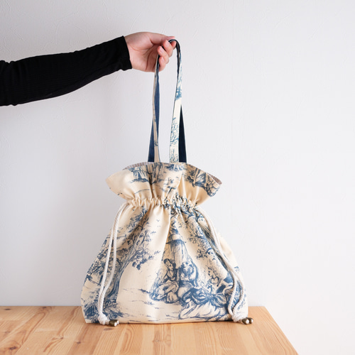 Toile de Jouy キャンバス巾着トートバッグ(青) フランス生地