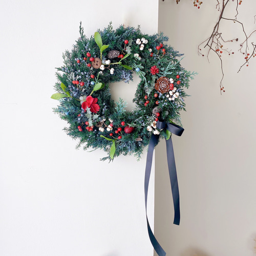 ヤドリギのアレンジ&慶福リース クリスマス2025 森のクリスマスリースLサイズ 来年も飾れるリース