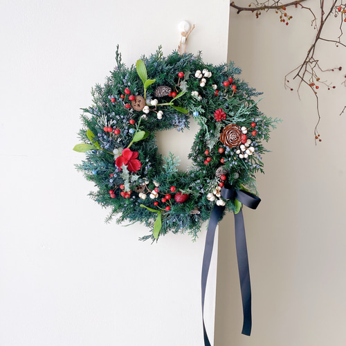 クリスマス2025 森のクリスマスリースLサイズ 来年も飾れるリース