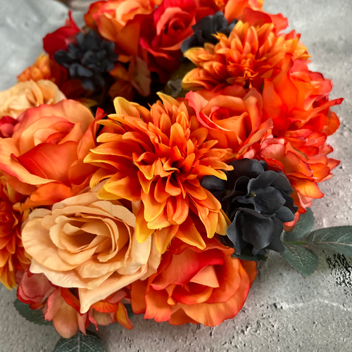 秋の実りリース オレンジ アーティフィシャルフラワー バラ ダリア