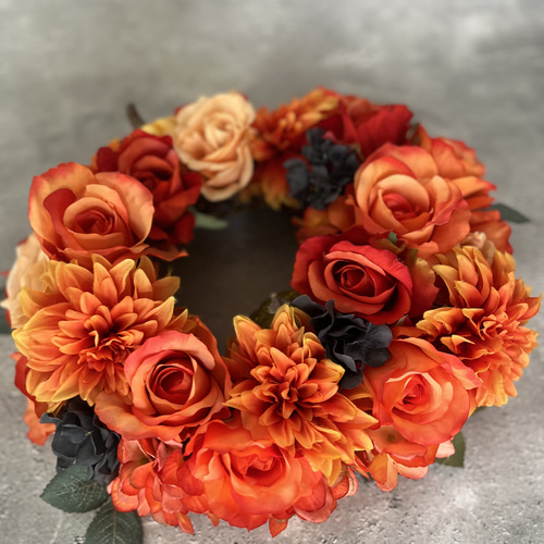 フラワー・リース richa 秋の実りリース オレンジ アーティフィシャルフラワー バラ ダリア