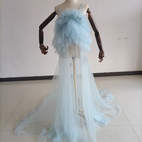 キャミソール ブルー パーティードレス 胸元フリル 透ける 細見え