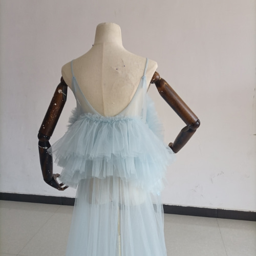 キャミソール ブルー パーティードレス 胸元フリル 透ける 細見え  