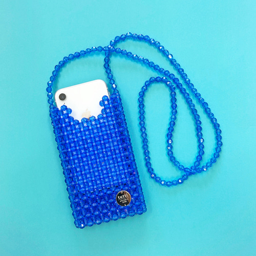スマホショルダー blue ビーズバッグ スマホポシェット