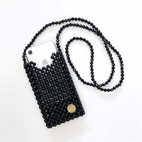 スマホショルダー black ビーズバッグ スマホポシェット
