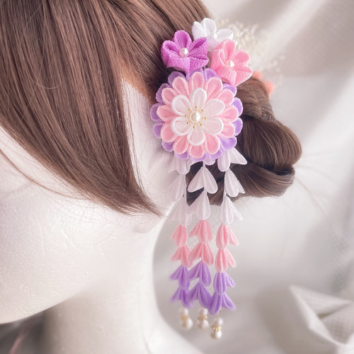 七五三髪飾りセット つまみ細工 パステルカラー 白色×桜色 7-32 受注生産】パステルカラーとリボンが可愛いつまみ細工の髪飾り つまみ