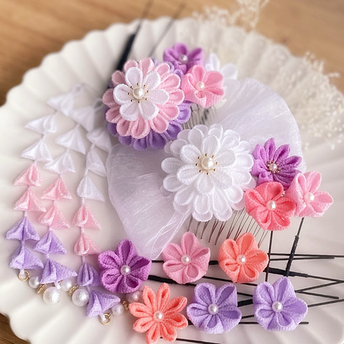 受注生産】パステルカラーとリボンが可愛いつまみ細工の髪飾り つまみ