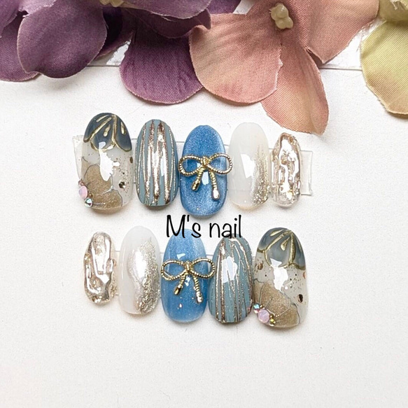 オーダー】成人式振袖水色和柄ネイルチップ