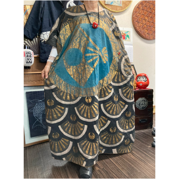 鯉のぼり(木綿)の柿渋染めワンピース 古布リメイク ワンピース 着物 