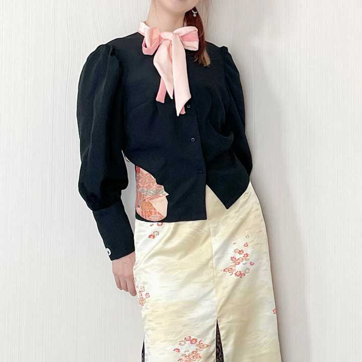 リボンタイパフスリーブブラウス【 着物リメイク 】黒*ピンク扇模様和柄 * ダブルリボン / 一点物