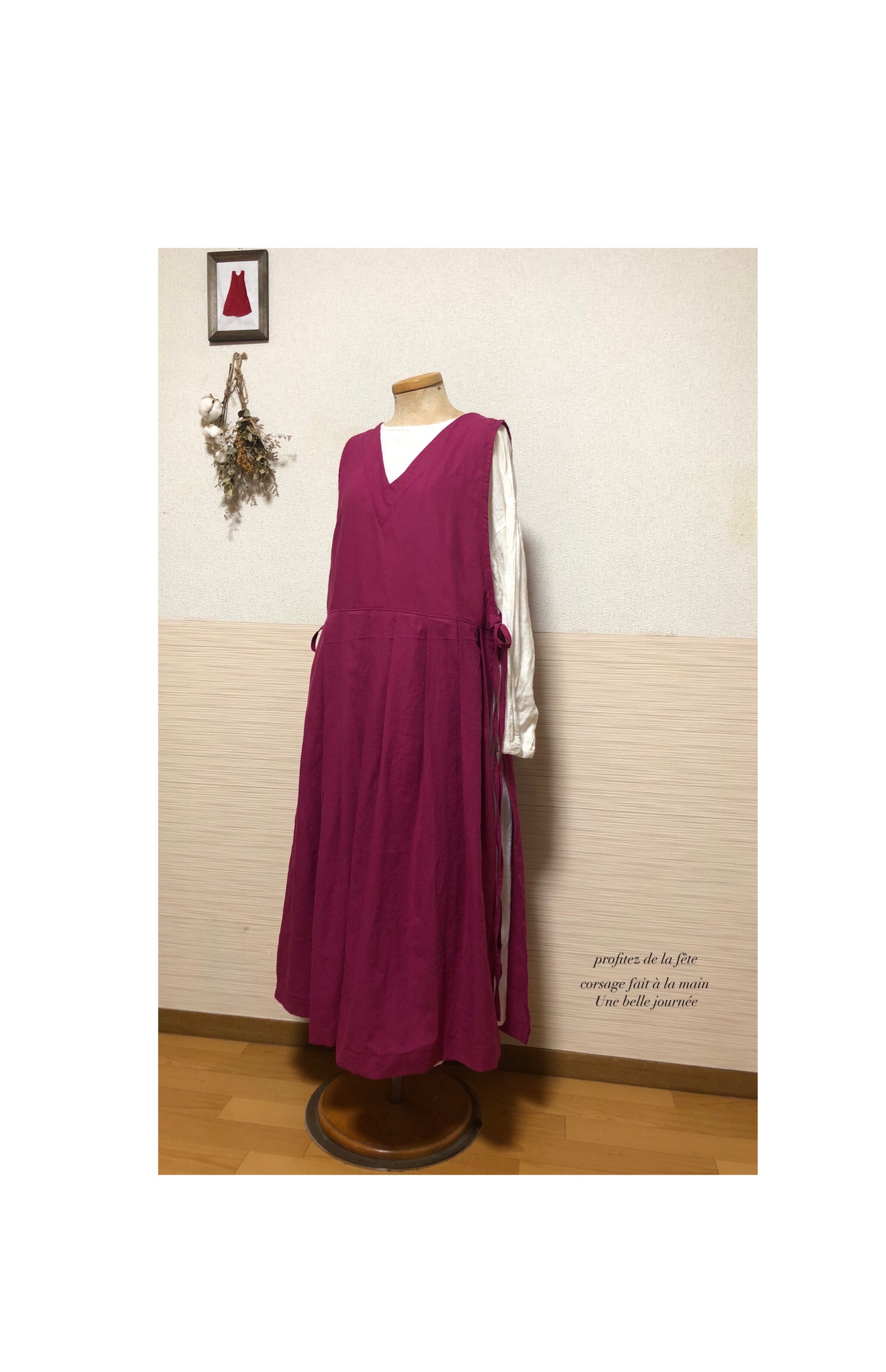 リネン　横開きワンピース　ボルドー