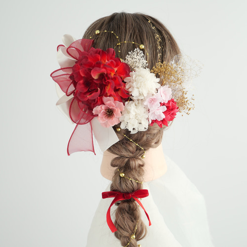 A224 赤 ダリア 桜 さくら リボン 髪飾り ドライフラワー 成人式 振袖