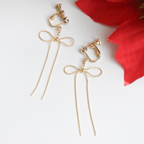 リボン ピアス イヤリング チェーン ゴールドアクセ ゴールド