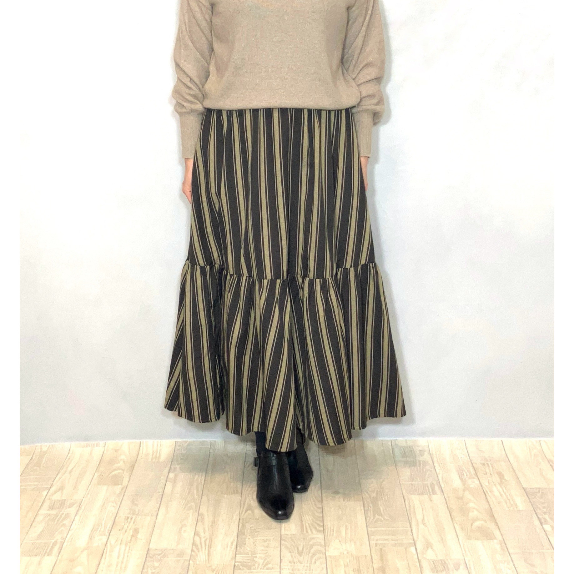 受注製作♡播州織　黒とベージュのストライプティアードスカートbyAki ［A2470］