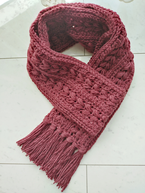 手編み アラン模様マフラー♡ マフラー アラン模様 柄 ボルドー フリンジ 編み 手編み 編み物