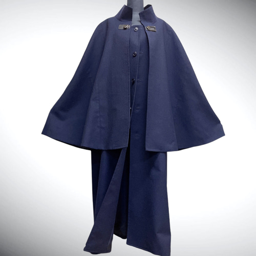 メンズ 高級仕立て 上質インバネスコート 紺 反物仕立て トンビコート