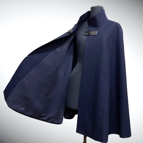 メンズ 高級仕立て 上質インバネスコート 紺 反物仕立て トンビコート